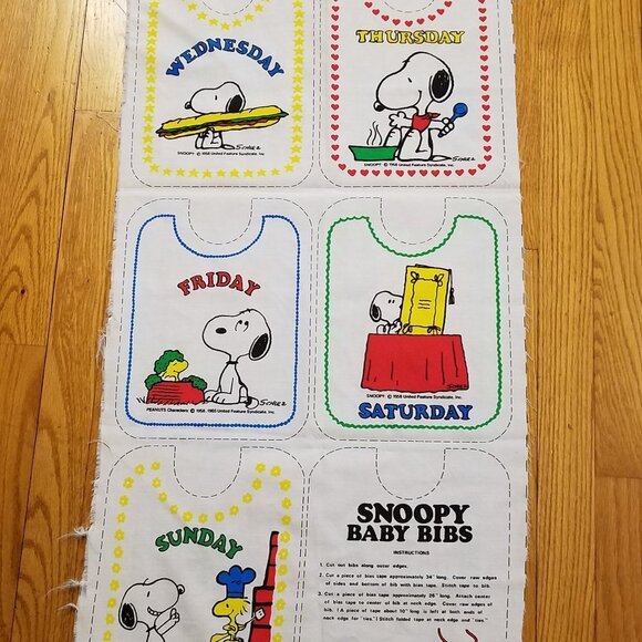 Vintage Fabric Snoopy Baby Bibs Panel Days of the Week Cotton White Background - Picture 1 of 12